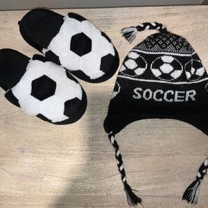 Chalk Talk Black White Soccer Knit Winter Hat Beanie and Slippers